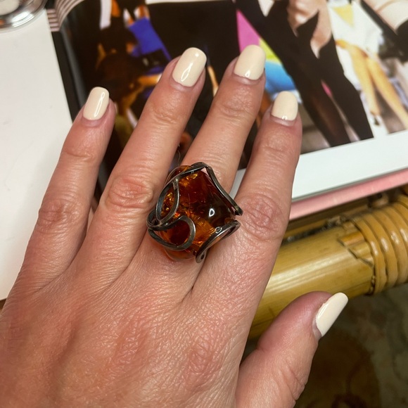 Unique Vintage Sterling Silver Ring With Large Caged Amber Stone Size 8 - Picture 9 of 9